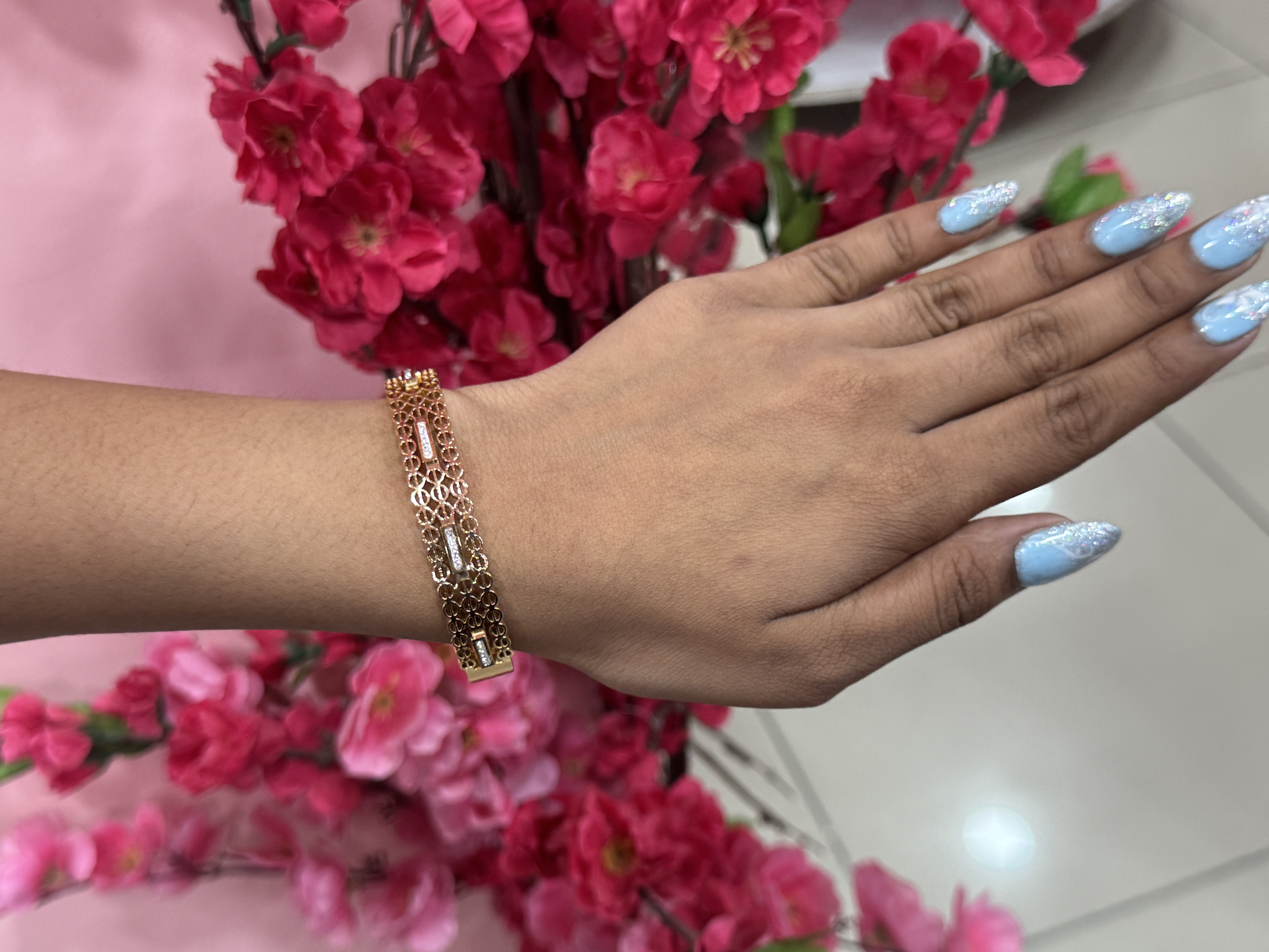 Rose Gold Mesh Lattice Cuff Bracelet with Cubic Zirconia Accents